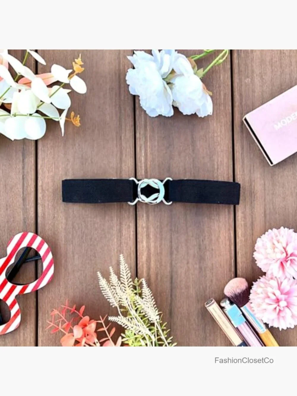 Stretchy Elastic Waist Belt with Flat Metal Buckle Adjustable